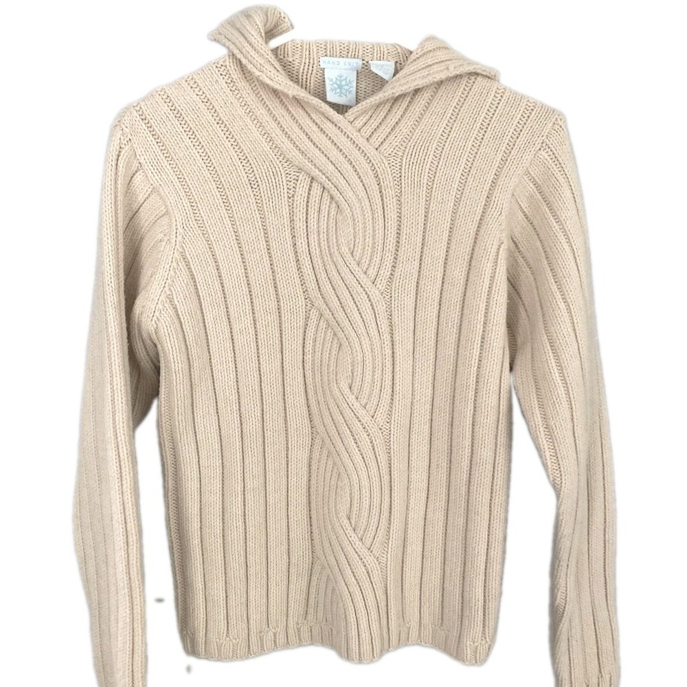 HAND KNIT Sweater Women S Beige Wool Hooded Cable Knit Ribbed Pullover Braided